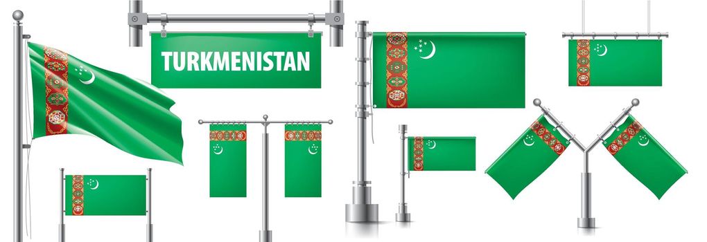 Vector set of the national flag of Turkmenistan in various creative designs.