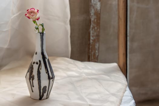 Pink flower in Black and White handmade ceramic vase and on Blush textured table cloth. Home decor, Copy space, Selective focus.