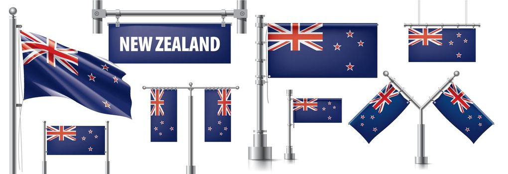 Vector set of the national flag of New Zealand in various creative designs.