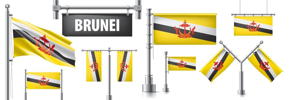 Vector set of the national flag of Brunei in various creative designs.