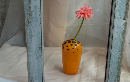 Pink flower in Orange handmade ceramic vase on Blush textured table cloth. Home decor, Copy space, Selective focus.