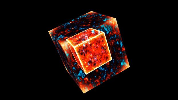 Eternal flame power overwhelming cube mystery energy surface and powerful eternal cube fire core on black background