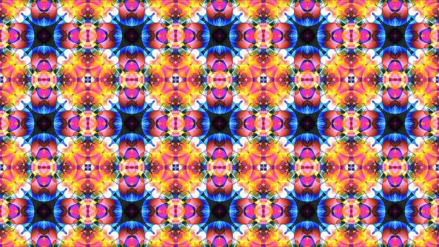 pink yellow leaves  with black dark cross and blue flower kaleidoscope reflection texture pattern background