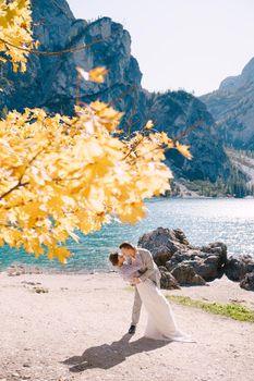 Bride and groom under autumn tree, with fiery yellow foliage, at Lago di Braies in Italy. Destination wedding in Europe, at Braies lake. In love newlyweds kiss in the dance.