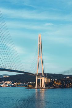 Details of the Russian bridge against the blue sky. Vladivostok, Russia.