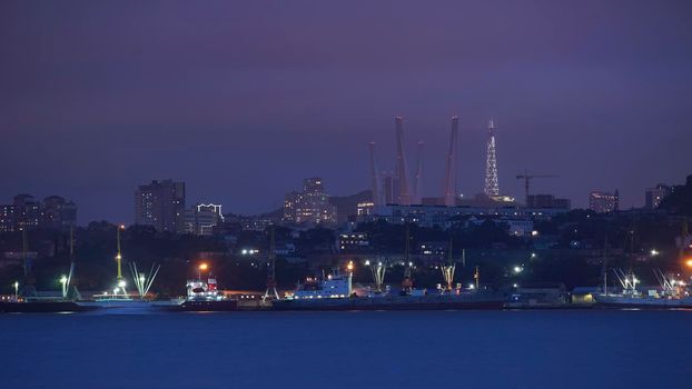 Seascape with coastline in blue hour. Vladivostok, Russia