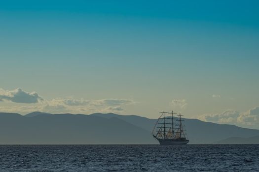 Vintage white sailboat on the background of the seascape. Vladivostok, Russia