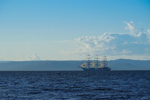 Vintage white sailboat on the background of the seascape. Vladivostok, Russia