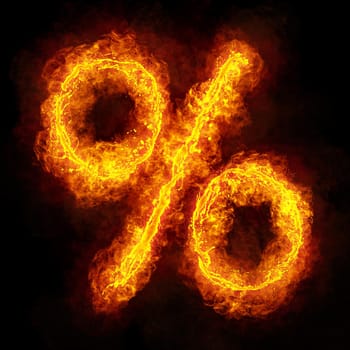 Fiery Font. Bright flamy percent symbol on black background