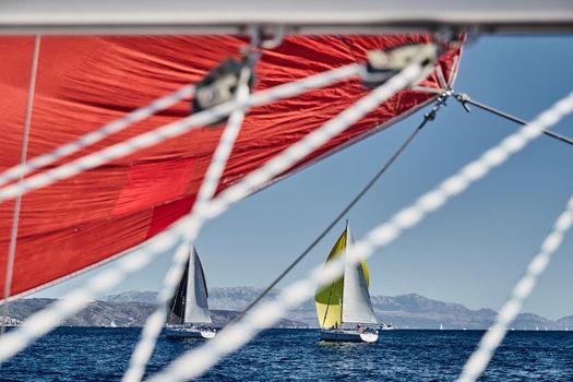 Sailboats compete in a sail regatta at sunset, view throug the ropes, race, reflection of sails on water, multicolored spinnakers, island is on background, clear weather