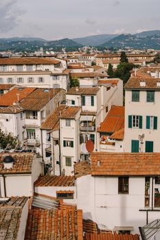 A view from above on rooftops and buildings in Florence, Italy.