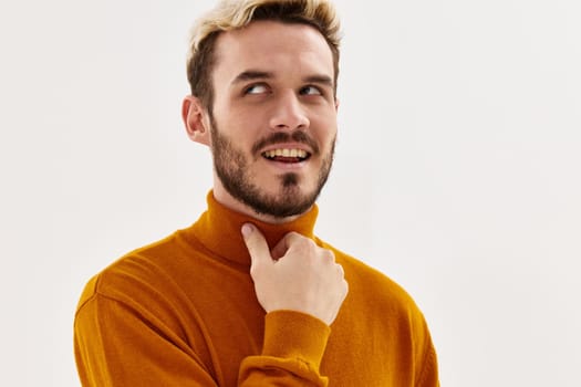 man look to the side close-up isolated background. High quality photo