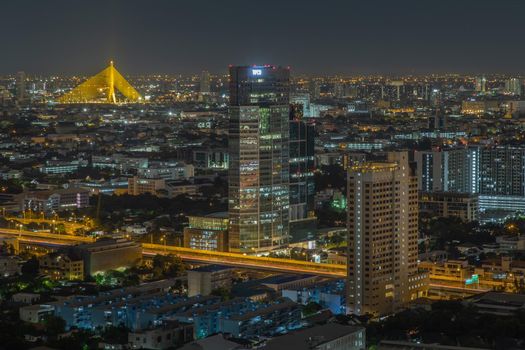 Bangkok, thailand - Aug 28, 2020 : Bangkok downtown cityscape with skyscrapers at night give the city a modern style. Selective focus.