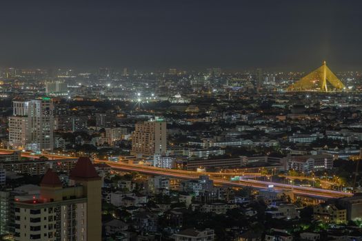 Bangkok, thailand - Aug 28, 2020 : Bangkok downtown cityscape with skyscrapers at night give the city a modern style. Selective focus.