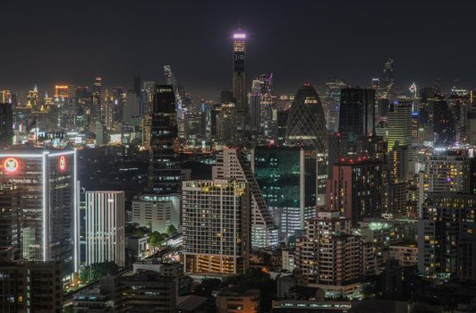 Bangkok, thailand - Aug 28, 2020 : Bangkok downtown cityscape with skyscrapers at night give the city a modern style. Selective focus.