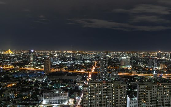 Bangkok, thailand - Aug 28, 2020 : Bangkok downtown cityscape with skyscrapers at night give the city a modern style. Selective focus.