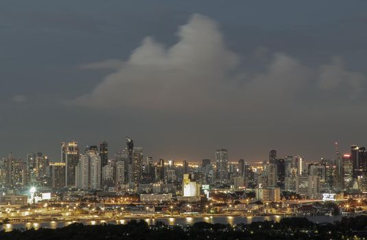 Bangkok, thailand - Oct 01, 2020 : Bangkok downtown cityscape in Business district with bright glowing lights at night give the city a modern style. No focus, specifically.