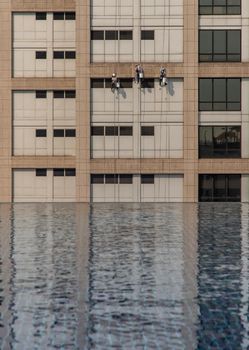 Group of workers cleaning windows service on high rise office building with reflection from swimming pool. Selective focus.