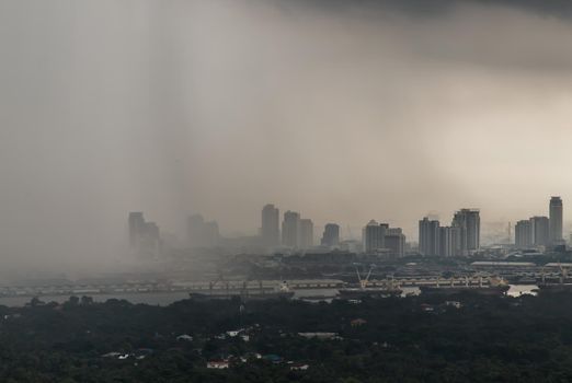 Bangkok, thailand - Oct 03, 2020 : PM 2.5 or Heavy smog was covered the Bangkok building the morning.There are air pollution under heavy cloud. Focus and blur.