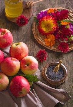 Apple and honey, traditional food. Selective focus. Copyspace background