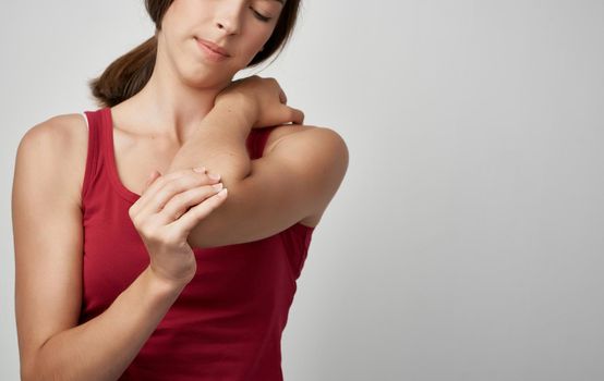 woman in red t shirt health problems pain dissatisfaction. High quality photo
