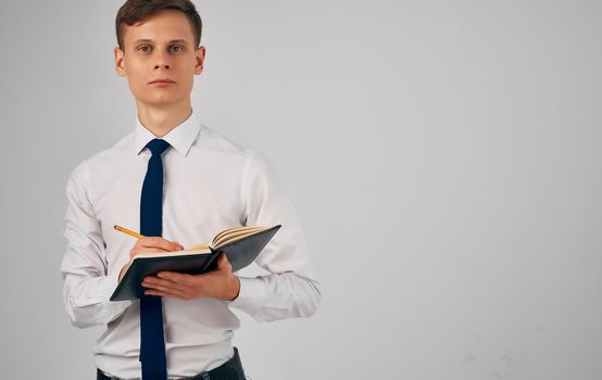 male manager in suit official at documents financial office. High quality photo