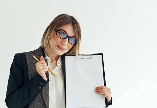 woman wearing glasses with document folder hand and business finance mockup. High quality photo