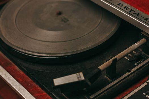 retro turntable vintage vinyl collection top view entertainment. High quality photo