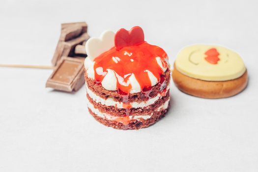 red cake candy sweets dessert for tea meal close-up. High quality photo