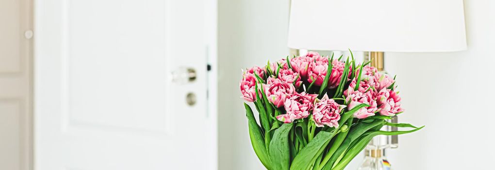 Bouquet of flowers in vase and home decor details, luxury interior design closeup