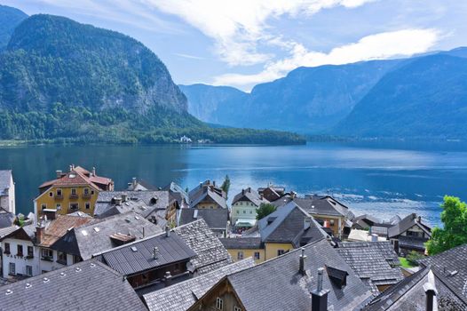 Hallstatt in Alps, Old city view by the lake, Austria