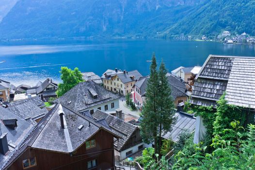 Hallstatt in Alps, Old city view by the lake, Austria