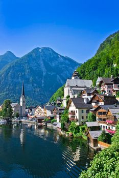 Hallstatt in Alps, Old city view by the lake, Austria