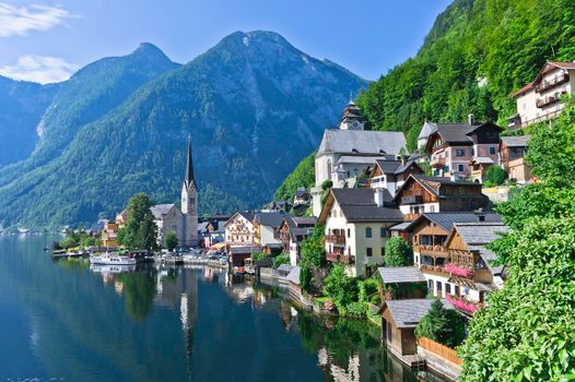 Hallstatt in Alps, Old city view by the lake, Austria