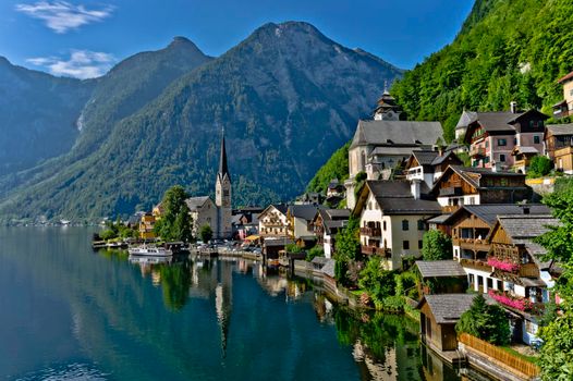 Hallstatt in Alps, Old city view by the lake, Austria