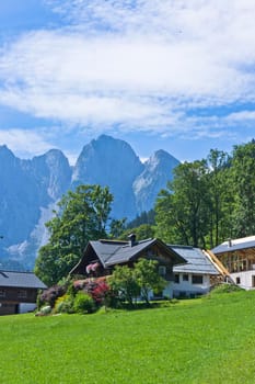 Gosau, Natural landscape in Alps with small German style houses, Austria, Europe