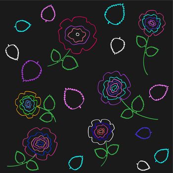 Roses flowers dark seamless texture. Spring season pink purple blue violet flower on black background. Nature pattern decoration backdrop