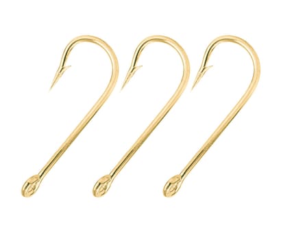 Close up shot of gold fish hook isolated on a white background