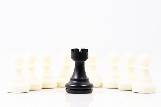 Close up Set of black and white chess pieces on chessboard, Set of chess figures on white background
