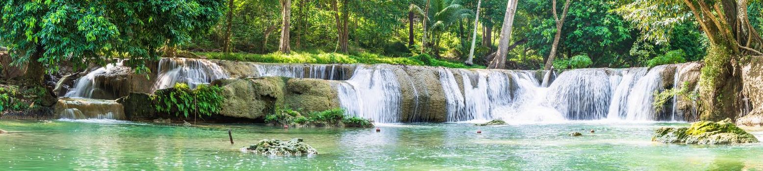 Panorama Waterfall in a forest on the mountain in tropical forest at Waterfall Chet Sao Noi in National park Saraburi province, Thailand