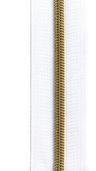 White zipper with gold teeth isolated on white background. Clothing fastener.