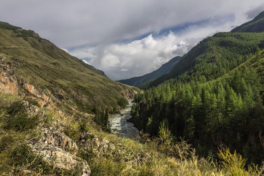 Raging mountain river, Chuya Tributary of the Katun River. Mountain Altai