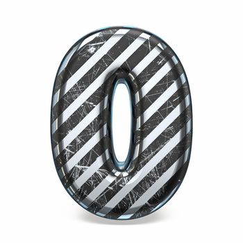 Striped steel black scratched font Number 0 ZERO 3D render illustration isolated on white background