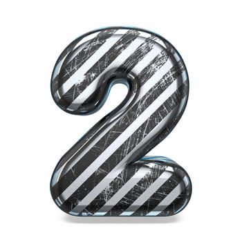 Striped steel black scratched font Number 2 TWO 3D render illustration isolated on white background