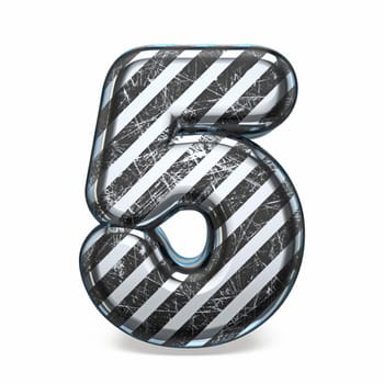 Striped steel black scratched font Number 5 FIVE 3D render illustration isolated on white background