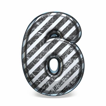 Striped steel black scratched font Number 6 SIX 3D render illustration isolated on white background