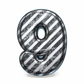 Striped steel black scratched font Number 9 NINE 3D render illustration isolated on white background