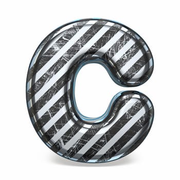 Striped steel black scratched font Letter C 3D render illustration isolated on white background