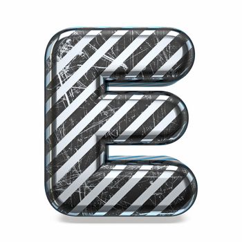 Striped steel black scratched font Letter E 3D render illustration isolated on white background