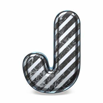 Striped steel black scratched font Letter J 3D render illustration isolated on white background